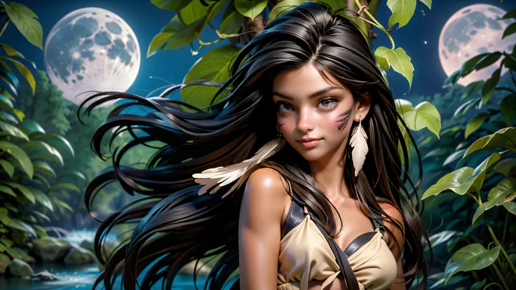 ((1girl)), ((solo)), (cute girl), (young girl), (), ((young)), native American alone at night in the forest, ((face paint)), ((dark skin)), adorned with beads and feathers, moonlight, ((brown eyes)), ((dark eyes)), ((beautiful face)), ((Long black hair)) (...