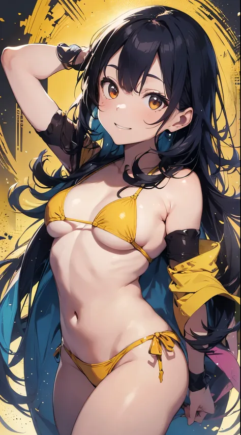 A young and beautiful Japanese woman stands confidently against a solid yellow background, wearing a vibrant yellow bikini. Her red eyes shine warmly, and her blue hair flows gently, adding a sense of elegance and movement. Captured from a low-angle perspe...