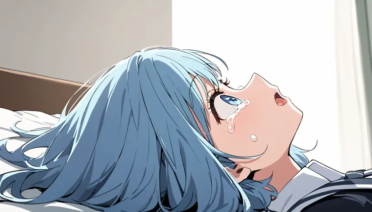 ultra high definition simple white background cute girl 　 light blue hair straight short haire　lementary school student solo　lying on the bed facing up, surprised, crying