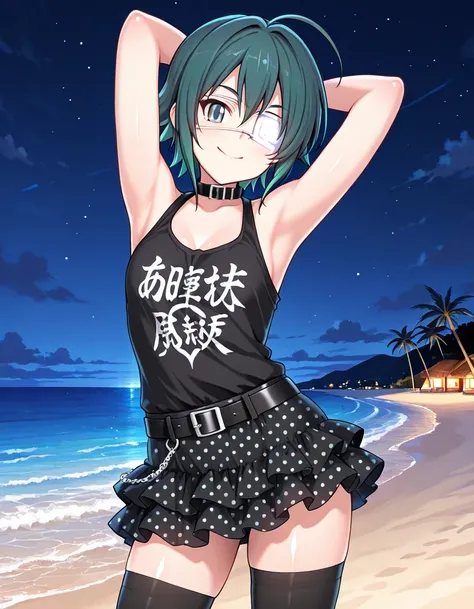 rlannap, green hair, short hair, green eyes, medical eyepatch, belt collar, black choker, black shirt, print shirt, clothes writing, sleeveless shirt, bare shoulders, black belt, layered skirt, polka dot skirt, black skirt, black thighhighs, source anime, ...