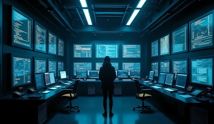 Futuristic Programming Room Architecture, Dark, Chill Light, Night, Machine, Programming Device. Impressive Architecture