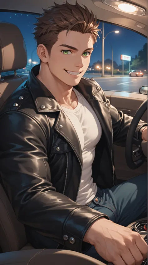 Alone, anime,  cartoon,  Muscular man,  brown hair,  green eyes,  black leather jacket, moto, red,  smile, driving,  night,  masterpiece,  the best quality,  Very detailed.