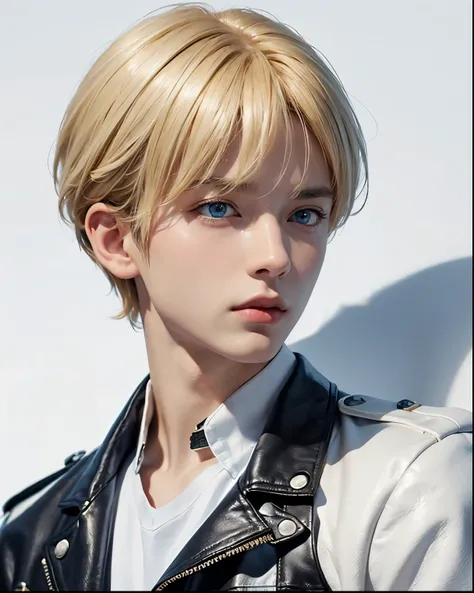 solo, looking at viewer, simple background,short hair,parted bangs,white shirt, blonde hair, white background,bishounen,skinny,lips,portrait,1 boy, jewelry, blue eyes, upper body, male focus, black jacket, leather jacket,