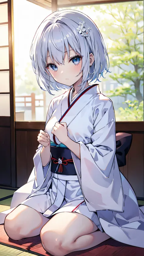  top quality、、(Whitening skin)、 Silver Hair、 Very Short Hair、 light blue eyes、Petite、 Slender、 kimono、 kimono、seiza,Shogi、Small breasts、Japanese-style room, red cheeks