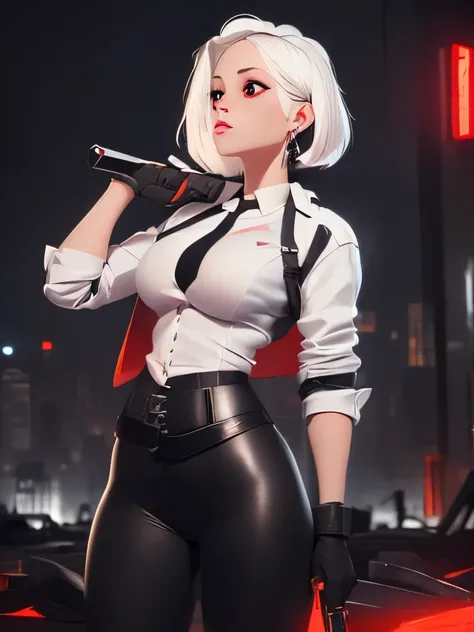 1girl, close up shot, (white hair, medium hair, large breasts, red eyes), perfect anatomy, city, cyberpunk style, ((white shirt, black jacket, black skirt, navel, belt, black gloves, neck tie, wrist watch, earrings, see through black leggings)), ((holding ...