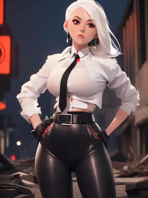 1girl, close up shot, (white hair, medium hair, large breasts, red eyes), perfect anatomy, city, cyberpunk style, ((white shirt, black jacket, black skirt, navel, belt, black gloves, neck tie, wrist watch, earrings, see through black leggings)), ((holding ...