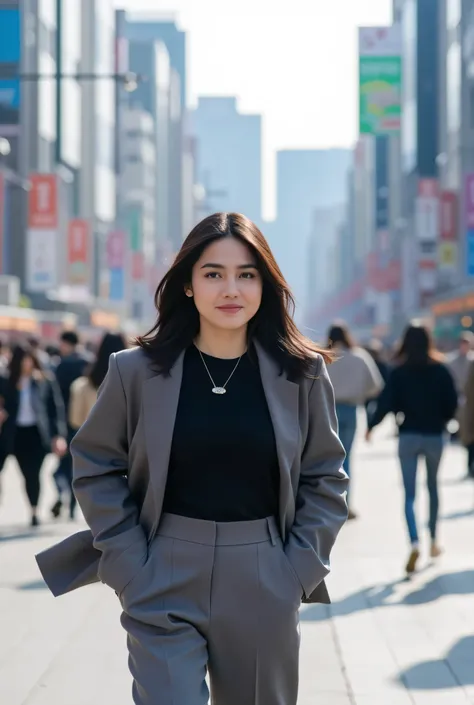 This picture shows a korean woman beautiful with long hair black mixed grey running in crowded city streets. The individual was wearing a grey coloured jacket , black t-shirt, and grey trousers with hand stuffed into a trouser pocket . This individual w...