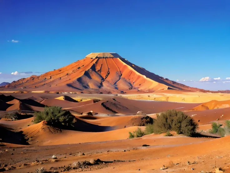 a view of a mountain with a few bushes in the foreground, desert colors, deserts and mountains, most perfect desert on the world, outworldly colours, desert scenery, red desert, desert landscape, bright red desert sands, desert photography, extraordinary c...