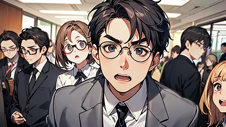 (((Daytime office、50歳一人のmale性、 face、 Random Angle 、surprised、 surprised、)))、male、 Masterpiece、No matter how high quality、 anime、 animeCG、(( Hair、Short Hair、Round Glasses、 thick eyebrows、love yourself、 in gray suit、 tie)))、