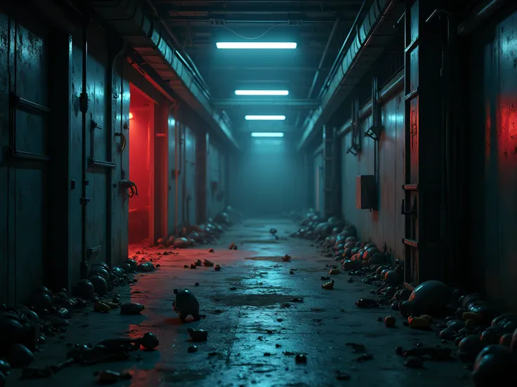  Create a dark and creepy of a factory of abandoned toys ,  inspired by the style of horror games .  The environment must have dramatic lighting ,  with shades of dark blue and red ,  simulating flashing emergency lights .

 The floor must be worn metal , ...