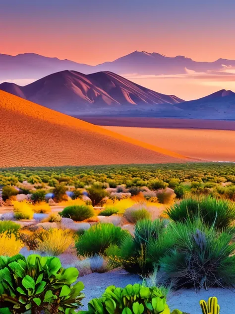 a view of a mountain with a few bushes in the foreground, digital art by Juan O'Gorman, shutterstock, color field, desert colors, deserts and mountains, most perfect desert on the world, outworldly colours, desert scenery, red desert, desert landscape, bri...