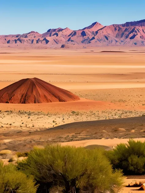 a view of a mountain with a few bushes in the foreground, desert colors, deserts and mountains, most perfect desert on the world, outworldly colours, desert scenery, red desert, desert landscape, bright red desert sands, desert photography, extraordinary c...