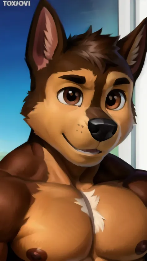  detailed fluffy fur texture,  impasto-impressionism , (authors foxovh, Ross Tran, Mikhail Garmash , Pinot Daeni, A SPARK),  detailed eyes ,  highly detailed pupils , Single, fluffy, antro, Chase-PP , domestic dog, pectoralis major muscle, male dog,  brown...