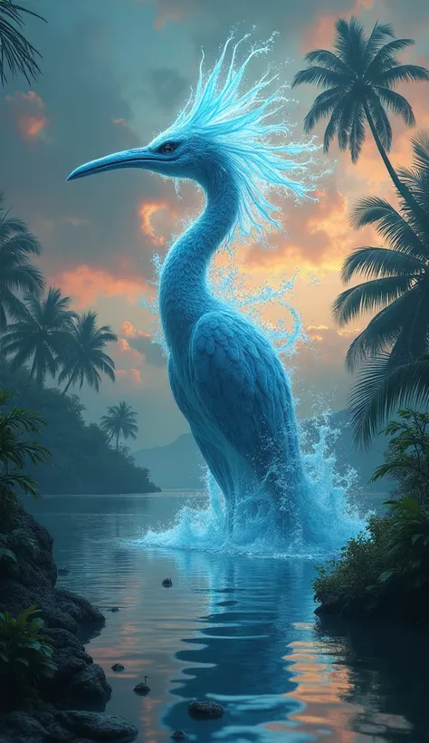 An enchanting and dark fantasy optical illusion artwork, featuring a mesmerizing, elongated bird-like creature. The fluid-like, blurry form of the creature, made of water, seamlessly merges with the surrounding tropical landscape. The vibrant, colorful sky...