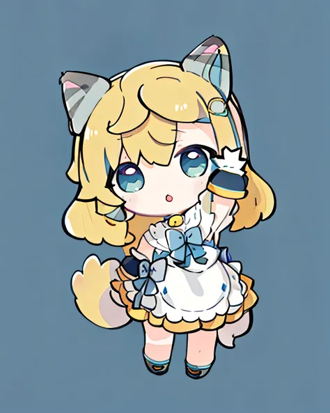 Hatsune Miku, in (chibi_style.), blonde hair, (cat_ears), (cat_tail, (High_Resolution:1.5), (HD:1.5), (Best_Quality:1.5), (Masterpiece:1.4), (full_body), white background, From Above, (Accurate:1.8), Anime,