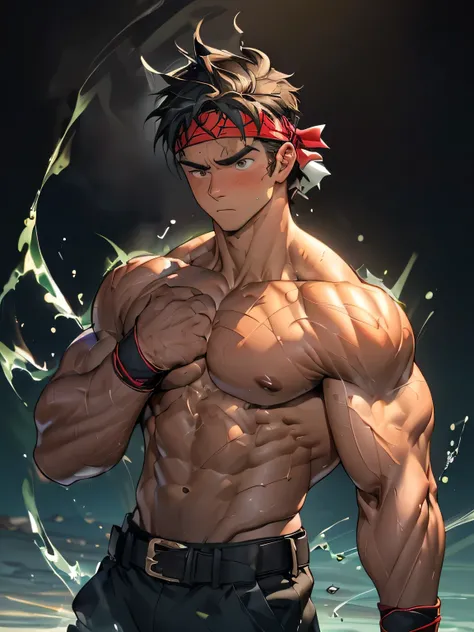 ((masterpiece, best quality)), (((((Black Background, Dark night, (Depth of field:1.2), combat:1.2, fighting pose:1.2, upper body))))), (1 boy, Young guy, muscler, Shirtless, topless), ((((Wounded, exhausted, relax, 1boy, solo, tough, reliable, steam, arch...