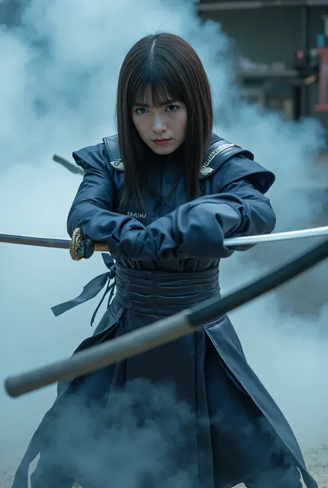  superhero , modern superhero costume, ninja, ninja costume, ninja,  Japanese sword,  blue eyes,  bangs all over, Brave character, kind, Brave, Determination, 、Holding Japanese swords on both hands ,  atmospheric perspective ,  motion blur, 8k,  super deta...