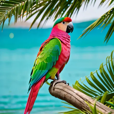 there is a colorful bird sitting on a branch near a lake, colorful bird with a long, beautiful and graceful, colorful birds, detailed beautiful animals, beautiful detail and color, beautiful feathers, turquoise pink and green, beautifully painted, beautifu...