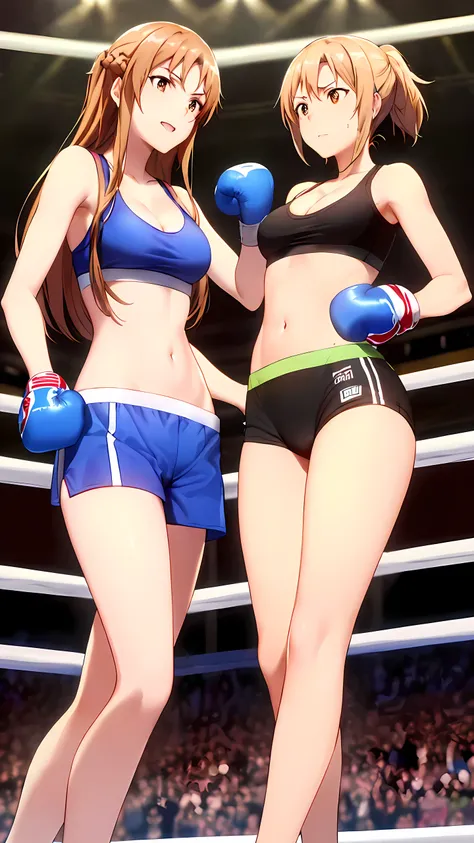 Asuna yuki(Sword Art Online), Long bronze hair, Braiding, Brown eyes, 1girl:2, Detailed eyes, (sports bra:1.5, sports short spats:1.5, boxing gloves, thigh, cleavage, small belly button:1.5, large breast:1.5), Perfect body, smile, sweaty, Toned body:1.5, D...