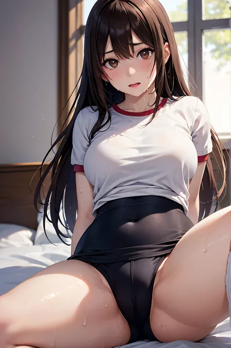  adult woman,  alone,  sexy, 8k resolution,(( top quality)),  Ultra High Resolution, ( distressed face), ( brown eyes),  beautiful symmetrical face  , ( brown long hair), gym clothes, bloomers, knee-high socks,Realistic:1.4, by Nomi:1.4,( Masterpiece:1.2),...