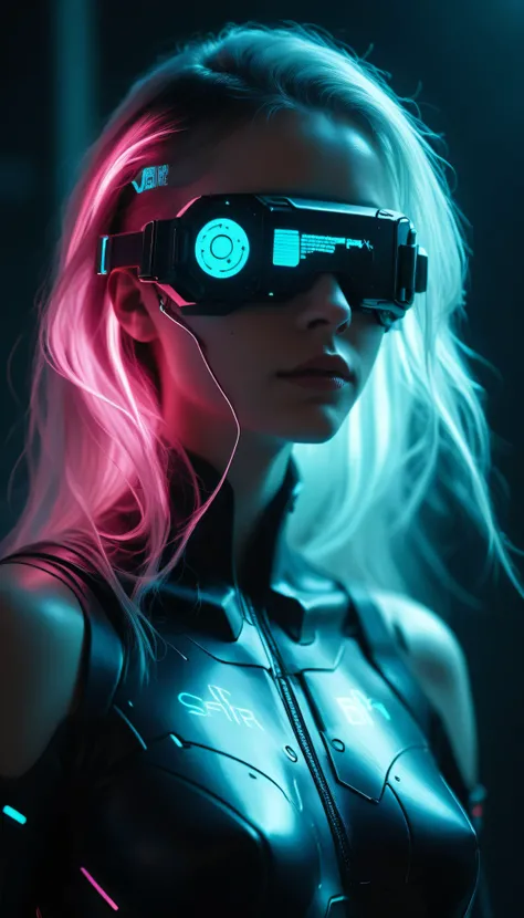 "A highly detailed and futuristic digital art piece in a vibrant sci-fi theme. The central character is a striking female figure with long, flowing white hair, adorned in an advanced black exosuit with glowing pink neon highlights. She wears a sleek VR hea...
