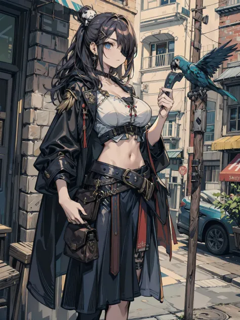 cowboy shot, earring, huge breasts, narrow waist, half updo, hair ornament, black hair, collarbone, midriff, Practical pirate clothing, Long-sleeved pirate top, Skirt, coat, midriff, black cape, parrot, half eyepatch, prosthetic arm, leather belt, drawstri...