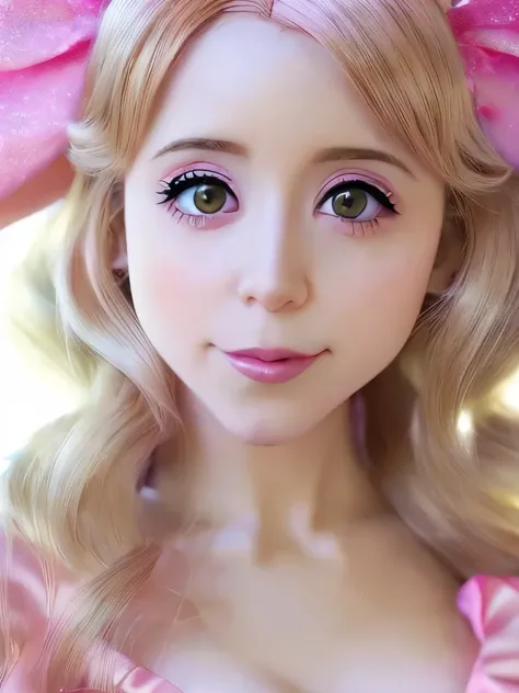 a close up of a woman with a pink dress and a pink bow, belle delphine, amouranth, anime girl cosplay, anime cosplay, better known as amouranth, young beautiful amouranth, anime girl in real life, ultrarealistic sweet bunny girl, anime barbie doll, glamour...