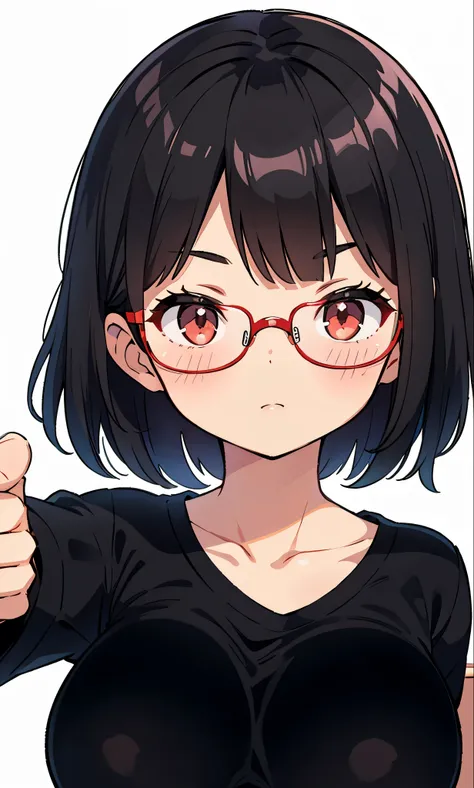  black hair shortcut 、 red glasses、 logo pointing back with your thumb、Big Breasts４０、 Frontal Angle、