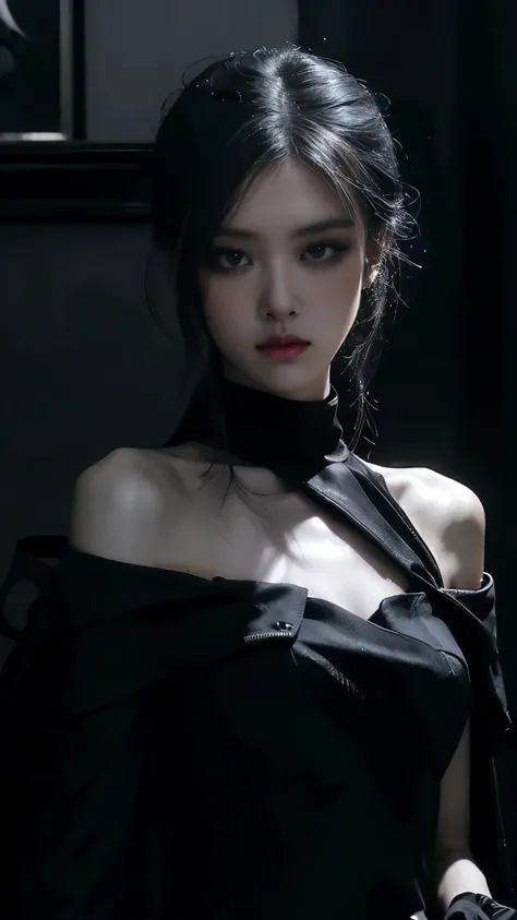 (best quality, highres:1.2), realistic, black dress, black hair, dark theme, black background, dark ninja, intense gaze, elegant posture, flowing dress, detailed facial features, long eyelashes, contrast, fine details, dramatic atmosphere, gothic style, in...