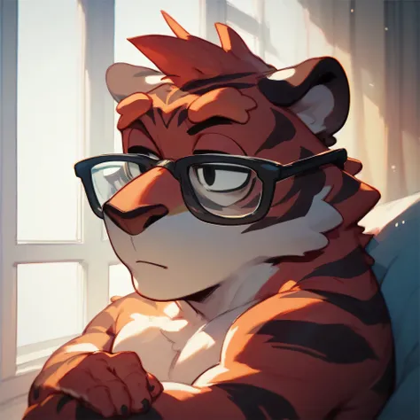 score_9, score_8_up, score_7_up, score_6_up, furry, bluey style, red tiger, red fur, Black-rimmed glasses, Resting by the window