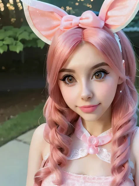 a close up of a woman with a pink dress and a pink bow, belle delphine, amouranth, anime girl cosplay, anime cosplay, better known as amouranth, young beautiful amouranth, anime girl in real life, ultrarealistic sweet bunny girl, anime barbie doll, glamour...