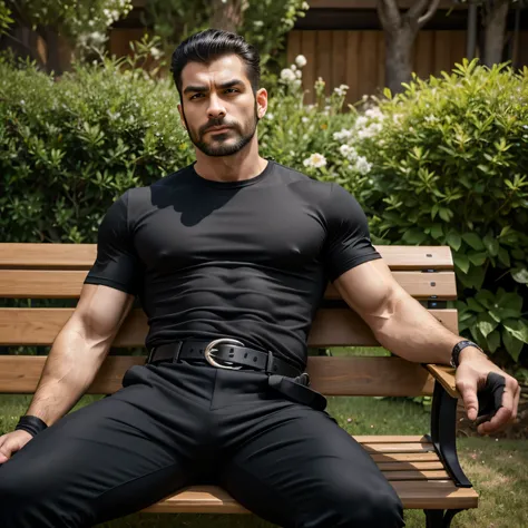 40 years old、handsome guy , One Man,、 muscularity、Ekin Mert Daymaz。 black shirt 、 black slim pants 、Doğukan Polat 、garden、  sits on a bench on the lawn。 black shirt、 black slim pants 、 upper body up　geff Bridges,　Front 　Menacing look　 black belt　 black glo...