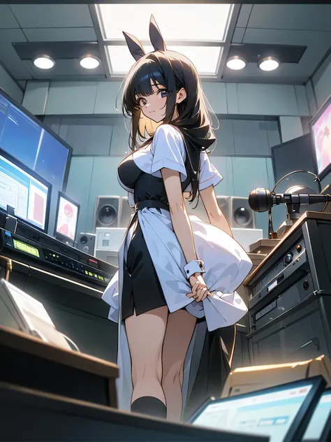 "A woman with both the front and back faces of the voice actor radio 'Utane Yasumi', standing in the center of a radio studio. She wears a stylish and elegant bunny girl-style outfit, tastefully emphasizing her curves. Her semi-long black hair is gently wa...