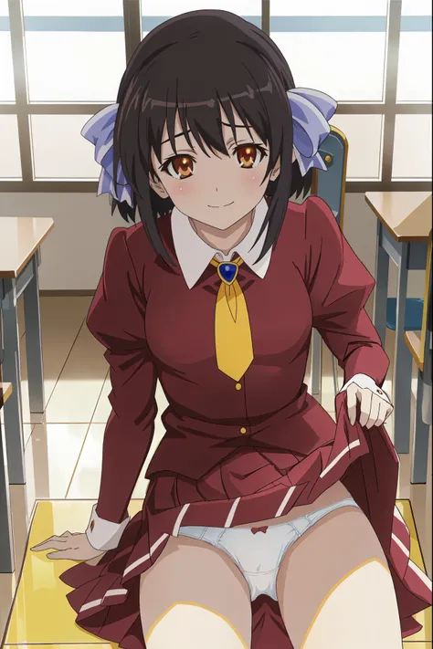 [anime styled],[official art],Tomomi_saikyou,black hair,Short hair,Hair Ribbon,red eyes,((School uniform,red school uniform:1.3,Winter clothes,Long sleeves,Long skirt,yellow ribbon tie)),classroom,((sitting on floor)),NSFW,1girl,(Portrait),close up,short t...