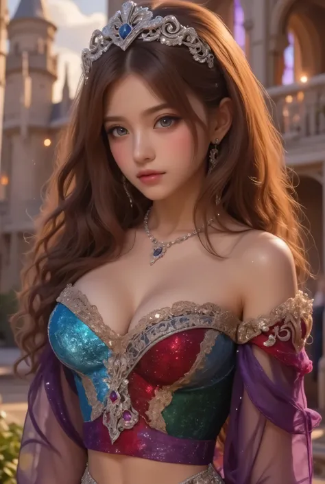 lors, deep contrast, super real, pink lipstick, lovely atmosphere, cinematic composition, close-up of face. She is wearing a breathtakingly opulent princess dress with flowing, multi-layered fabrics in a mesmerizing blend of royal blue, deep crimson, emera...