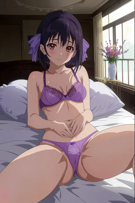 masterpiece, super fine illustration, best quality,[anime styled],[official art],Tomomi_saikyou,black hair,Short hair,blue Hair Ribbon,red eyes,medium build,((bedroom,on bed)),NSFW,1girl in,[cowboy shot:1.3],upper body,face focus,short torso,Perfect Lighti...