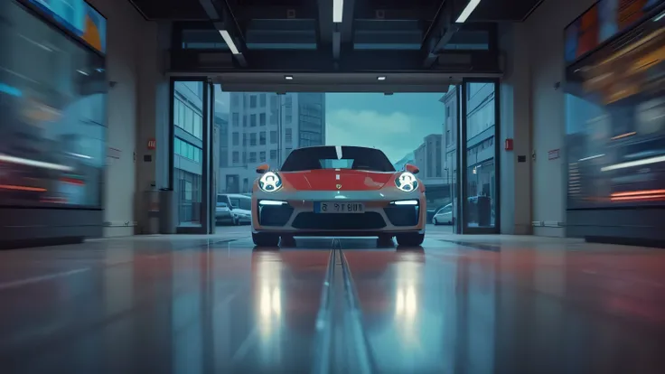 A cinematic ultra HD 8K image of the Porsche 911 GTS accelerating towards the showroom exit, its headlights illuminating the glossy floor. The motion blur adds a dynamic effect to the realistic scene.
