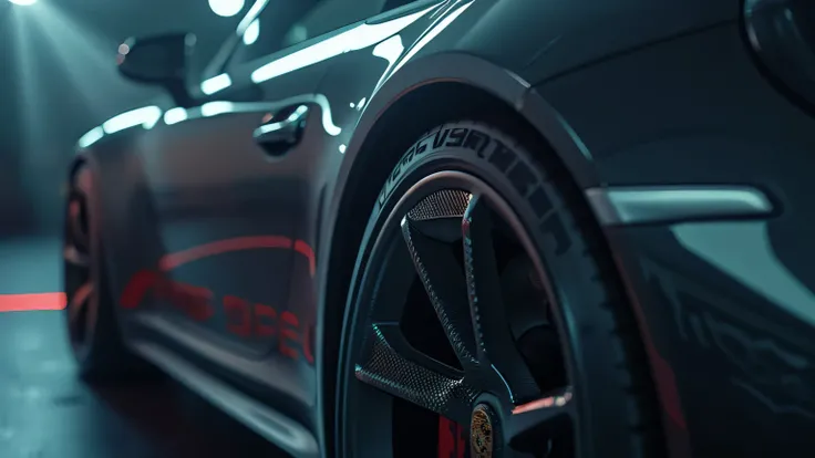 A cinematic 8K ultra HD shot of the Porsche 911 GTS’s side air intakes, designed for optimal engine cooling. The glossy carbon fiber accents are highlighted under the showroom spotlights.
