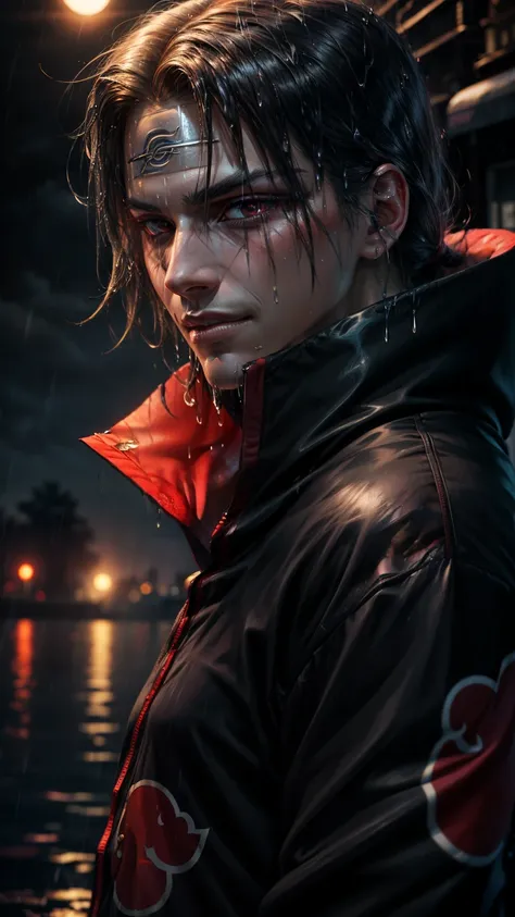 

"Itachi Uchiha in Naruto series standing in a realistic rain scene, drenched and dripping wet, with the Uchiha clan symbol emblazoned in the background. A dark and mysterious atmosphere surrounds him, with rain drops falling on his face and his hair dish...