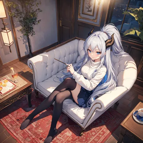 masterpiece, best quality, ultra high-res, top-down view, (silver hair:1.2), (azure blue eyes:1.2), v_over_eye,  (dragon horns:1.2), ((delicate hair, gentle eyes, cute girl, serene atmosphere, smiling)), (long flowing hair:1.2), petite stature, white knitt...