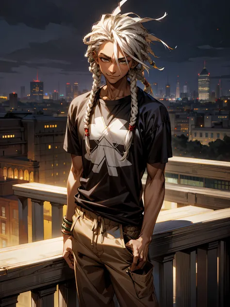 1male, Dark Skin, White Hair, Dreads, Hazel Eyes, Smirk, Baggy Brown Pants, Black Loose T-Shirt, City Background