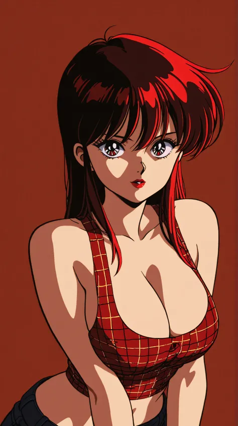 best quality, illustrator anime, style retro classic, master piece:1.5、(minimal art), korean girl、Black and red art:1.2, red lips, Black and red world、silence、An ennui look、Densely drawn, plaid tanktop, big breasts, cleavage, 



