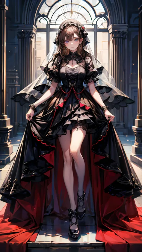 Full-body wide view, a woman manipulated by strings, 8K resolution, high detail, around 20 years old, (one female:1.5), brown hair, drooping eyebrows, purple eyes, gothic outfit, chocolate-themed outfit, black veil, fluffy skirt brown Lolita dress, white t...