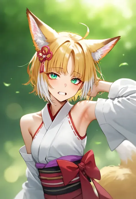 aruhshura ,  score_9,  score_8_up,  score_7_up,  score_6_up,  score_5_up,  score_4_up, Source: Anime ,  1 girl, Tail,   animal ears,  blonde hair, fox Tail,  fox ears, Alone,  , Good eyes, bangs,  twinkle in both armpits hair,  kimono,  hair ornament ,  tw...