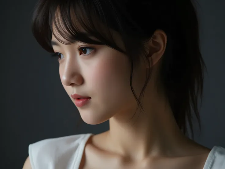 masterpiece, UHD, 8K, ultra detailed, side view, close-up shot, 1 beautiful girl, beautiful face, beautiful japanese girl, look down, eyes that see far away, long eyelashes､dark eyeshadow, white dress, intricate details, in the photo studio, dark gray back...