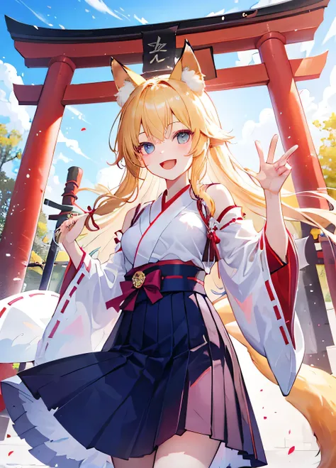 from below, 1girl, fox_ears, blonde long hair, fox_tail, miko, long sleeves, hakama_skirt, happy smile, open mouth, drunk, dancing, double_fox_shadow_puppet, hands_up, torii, shrine