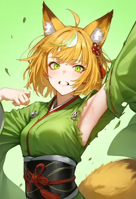 aruhshura ,  score_9,  score_8_up,  score_7_up,  score_6_up,  score_5_up,  score_4_up, Source: Anime ,  1 girl, Tail,   animal ears,  blonde hair, fox Tail,  fox ears, Alone,  , Good eyes, bangs,  twinkle in both armpits hair,  kimono,  hair ornament ,  tw...