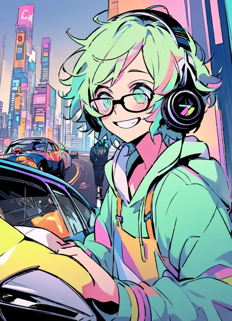  with a simple design {x} creates a digital illustration of an energetic boy standing in a world of scattered musical notes.  he is laid-back ,  large light green hoodie with headphones hanging from his neck .  wear black-rimmed glasses,I'm hanging my head...