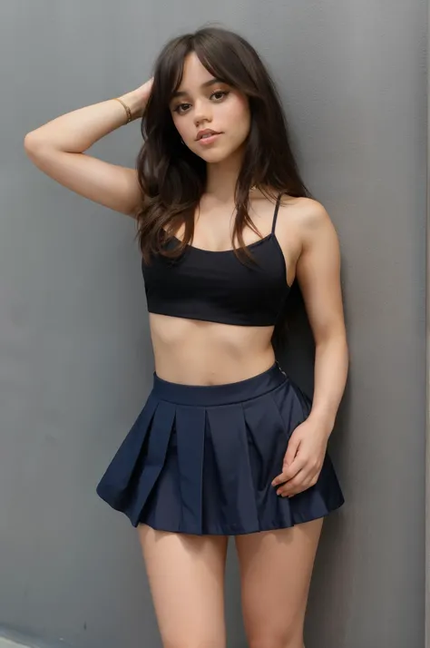 Jenna_ Ortega wearing bikini top ,  long hair, 
 full body, solid background wall , 
 nsfw, mini skirt ,perfect slim body,full body pic,sexy slim body,thin slim body,hands behind head big boobd