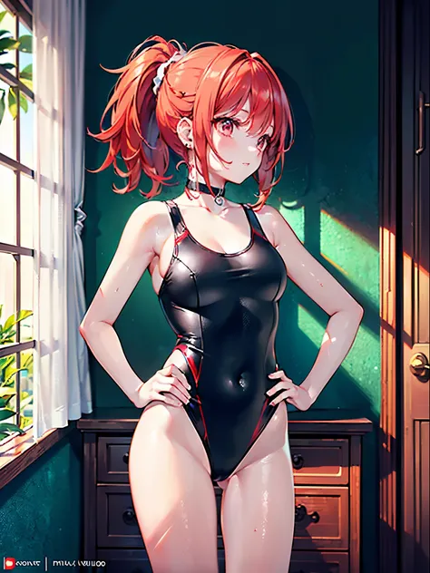  realistic, top quality,  super detailed,  high quality CG drawing,  THE MOST DELICATE AND BEAUTIFUL , Floating gently,  high res, (Female solo), ( best image quality that holds your feet,4K,8k, Masterpiece:1.2) , (Bright Red Hair:1.5),( ponytail:1.5),( re...